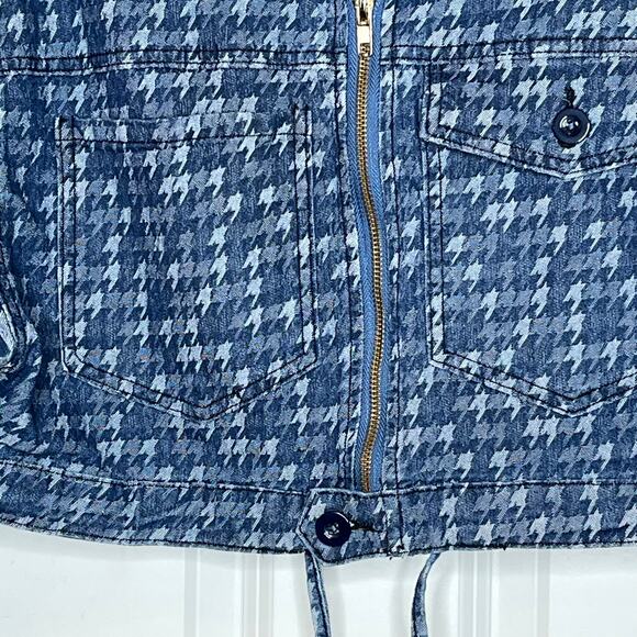 Uptown Blue Denim Cropped Jean Jacket Mixed Checkered Print Small - Picture 4 of 10